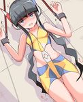  1girl bare_shoulders beige_background black_hair blue_eyes blush bondage breasts collarbone crop_top half-closed_eyes hands_up have_to_pee headgear highres kamitsure_(pokemon) long_hair midriff muroi_(fujisan0410) navel open_mouth pokemon pokemon_(game) pokemon_bw2 shirt simple_background sleeveless sleeveless_shirt small_breasts solo standing tears text translation_request trembling twintails yellow_shirt 