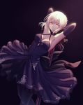  artoria_pendragon_(all) black_gloves blonde_hair blush breasts cleavage closed_mouth collarbone elbow_gloves eyebrows_visible_through_hair fate/grand_order fate_(series) gloves highres holding holding_sword holding_weapon looking_at_viewer medium_breasts saber_alter seungju_lee short_hair solo sword weapon yellow_eyes 
