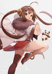  :o ahoge anchor_hair_ornament animal anklet azur_lane bangs brown_eyes brown_hair china_dress chinese_clothes commentary_request dress eyebrows_visible_through_hair floating_hair from_behind fur-trimmed_jacket fur_trim grey_background grey_footwear hair_ornament hairband hairpods highres jacket jewelry knee_up long_hair long_sleeves looking_at_viewer looking_back open_clothes open_jacket open_mouth outstretched_arm outstretched_arms panda panties pelvic_curtain ping_hai_(azur_lane) red_dress shoes sidelocks simple_background single_thighhigh solo spread_arms standing standing_on_one_leg teeth thighhighs thighs twintails underwear upper_teeth v-shaped_eyebrows very_long_hair white_hairband white_jacket white_panties yuko_(uc_yuk) 