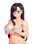  abs absurdres biceps black_hair blush bra breasts brown_eyes cleavage collarbone final_fantasy final_fantasy_vii hands_together highres lace lace-trimmed_bra lace-trimmed_panties large_breasts long_hair looking_at_viewer muscle muscular_female navel nikita_varb panties simple_background smile solo stomach tifa_lockhart underwear upper_body white_background white_bra white_panties 