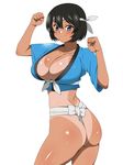  ass back bad_anatomy black_hair blue_eyes blush breasts clenched_hands fundoshi highres japanese_clothes kagemusha large_breasts one-piece_tan original simple_background smile solo tan tanline twisted_torso white_background 