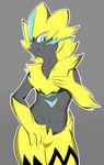  absurd_res ambiguous_gender anthro cute_fangs fangs feline grey_background hi_res ineedanaccount mammal navel nintendo pok&eacute;mon simple_background smile smirk solo spoiler video_games zeraora 