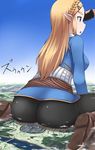  ass blonde_hair blue_eyes bridge destruction giantess highres open_mouth pointy_ears princess_zelda terada_ochiko the_legend_of_zelda the_legend_of_zelda:_breath_of_the_wild 