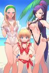  3girls bikini blonde_hair blue_eyes cleavage dragon_quest_xi large_breasts long_hair martina_(dq11) multiple_girls navel ponytail purple_hair senya_(dq11) swimsuit underboob veronica_(dq11) vreasts 