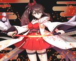  azur_lane black_hair breasts brown_eyes cleavage coat commentary_request dress hair_ornament holding katana long_hair looking_at_viewer medium_breasts neme1228 ponytail red_dress smile solo sword thighhighs weapon wide_sleeves zettai_ryouiki zuikaku_(azur_lane) 