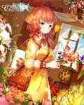  bag bangs blue_eyes blue_sky blush brown_hair closed_mouth copyright_name day dress dutch_angle flower flower_request from_side holding holding_flower indoors long_hair long_sleeves looking_at_viewer miemia puffy_long_sleeves puffy_sleeves rose shoulder_bag sky standing sunlight tenkuu_no_crystalia window yellow_dress 