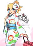  alternate_costume alternate_hairstyle blonde_hair blue_eyes boo d-ryuu dango earrings fire_flower food japanese_clothes jewelry kimono looking_at_viewer mario_(series) mask mask_on_head parted_lips princess_peach suitcase super_mario_bros. super_mario_odyssey tiara tiara_(mario) upper_body wagashi 