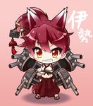  :d animal_ears azur_lane chibi commentary_request crossed_arms fox_ears grin hair_ornament hakama ise_(azur_lane) japanese_clothes long_hair looking_at_viewer machinery navel open_mouth orange_eyes ponytail red_hair shachoo. smile solo translation_request turret 