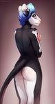  2017 anthro bare_back black_fur blue_hair butt butt_pose digital_media_(artwork) female fur hair mammal nude purple_eyes rat rodent simple_background solo zazush-una 