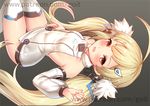  ahoge azur_lane blonde_hair bodysuit commentary_request detached_sleeves eldridge_(azur_lane) go-it hair_ornament hair_tubes hairclip long_hair looking_at_viewer low_twintails lying open_mouth orange_eyes simple_background solo twintails watermark web_address 
