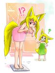  ? after_bath animal_ears bare_arms bare_legs bare_shoulders barefoot bathroom blonde_hair blush breasts child cleavage commentary covering_mouth doitsuken drinking eyebrows_visible_through_hair fox_daughter_(doitsuken) fox_ears fox_tail fox_wife_(doitsuken) green_eyes green_towel highres indoors leaning_forward long_hair looking_at_another looking_down medium_breasts milk mother_and_daughter multiple_girls naked_towel original pink_eyes pink_towel short_hair tail towel turn_pale weighing_scale weight_conscious wet_tail wide-eyed 