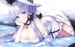  azur_lane blue_eyes breasts choker cleavage collarbone commentary_request dress elbow_gloves garter_straps gloves hair_ornament hat illustrious_(azur_lane) kon_(k0n16) large_breasts long_hair looking_at_viewer lying on_stomach shallow_water silver_hair smile solo sun_hat tri_tails white_dress white_gloves white_legwear 