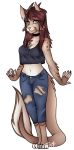  2017 anthro breasts carmine_embershard chest_tuft clothed clothing collar crop_top digital_media_(artwork) dragon feline female fishtoonz fully_clothed hair hi_res horn hybrid long_tail looking_at_viewer lynx mammal shaded shirt smile solo standing tuft 