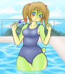  2017 amphibian anthro blue_eyes clothed clothing detailed_background female food frog frogela frogela_(artist) green_skin pigtails poolside popsicle solo swimming_pool swimsuit water 