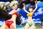  absurdres anchovy ass beach bikini bikini_shorts bikini_top black_hair blush braid brown_eyes cloud cloudy_sky crotch_seam day drill_hair girls_und_panzer green_bikini_bottom green_hair grin highres holding inflatable_toy leg_up lighthouse long_hair looking_at_viewer mc_axis mismatched_bikini multiple_girls official_art open_mouth outdoors pepperoni_(girls_und_panzer) red_bikini red_eyes short_hair short_shorts shorts side_braid sky smile standing swimsuit torpedo twin_drills twintails yoshida_nobuyoshi 