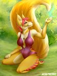  2017 5_fingers anthro big_breasts big_tail breasts clothed clothing day detailed_background digital_media_(artwork) eyelashes female fluffy fluffy_tail fur grass hair kneeling mammal one-piece_swimsuit outside p-v-s pink_eyes pink_hair pink_nose rodent squirrel swimsuit tan_fur wide_hips yellow_fur 