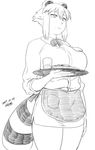  animal_ears apron araiguma-san bow bowtie breasts commentary cowboy_shot cup dated eating expressionless eyebrows_visible_through_hair food food_on_face greyscale jitome large_breasts line_shading miniskirt monochrome name_tag original pencil_skirt raccoon_ears raccoon_tail short_hair signature simple_background skirt solo tail tray tsukudani_(coke-buta) waitress white_background 
