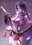  breasts fate/grand_order fate_(series) highres holding holding_sword holding_weapon large_breasts long_hair minamoto_no_raikou_(fate/grand_order) okakasushi purple_eyes purple_hair smile solo sword very_long_hair weapon 
