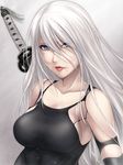  android bare_shoulders black_tank_top blue_eyes blush breasts elbow_gloves gloves highres katana kobapyon long_hair looking_at_viewer medium_breasts mole mole_under_mouth nier_(series) nier_automata silver_hair simple_background solo sword torn_clothes upper_body very_long_hair weapon weapon_on_back yorha_type_a_no._2 