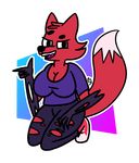  2017 anthro big_breasts breasts canine clothed clothing digital_media_(artwork) female finger_gun fox fully_clothed grin hi_res kneeling legwear looking_at_viewer mammal notjoe open_mouth pants pyrocynical smile solo tights torn_clothing torn_pants 
