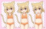  :d :o animal_ears bikini blonde_hair braid cat_ears cat_girl cat_tail centaur_no_nayami child cowboy_shot hair_between_eyes hakkatou highres looking_at_viewer mitama_chigusa mitama_chiho mitama_chinami multiple_girls navel open_mouth orange_bikini polka_dot polka_dot_background ponytail red_eyes short_hair siblings sisters smile swimsuit tail triplets twin_braids 