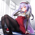  ajax_(azur_lane) arm_support arm_warmers azur_lane bad_feet bangs beret black_legwear blush breasts capelet closed_mouth commentary_request eyebrows_visible_through_hair feet fingernails full_body hand_up hat head_tilt high-waist_skirt indoors licking_lips long_hair looking_at_viewer no_shoes panties panties_under_pantyhose pantyhose plaid purple_hair reclining red_eyes red_skirt skirt small_breasts smile soles solo sunlight thighband_pantyhose tongue tongue_out two_side_up underwear unizou very_long_hair white_capelet white_hat window wing_collar 