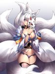 animal_ears azur_lane blue_panties breast_hold breasts cleavage cleavage_cutout cowboy_shot fox_ears fox_mask fox_tail gradient gradient_background highres japanese_clothes kaga_(azur_lane) kyuubi large_breasts looking_at_viewer mask multiple_tails navel panties parted_lips ribbon_trim shirt short_hair simple_background smile solo striped striped_shirt tail tassel thighhighs underwear vertical-striped_shirt vertical_stripes white_hair white_legwear wide_sleeves wristband yin-ting_tian 