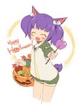  animal_ears blush_stickers bow cat_ears cat_tail closed_eyes final_fantasy final_fantasy_xiv hair_bow happy_halloween jack-o'-lantern mao_yu miqo'te open_mouth purple_hair short_hair shorts simple_background solo standing tail 