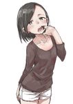  absurdres black_hair brown_eyes finger_in_mouth highres long_sleeves mouth_pull original short_hair shorts simple_background teeth tongue white_background yamamoto_souichirou 