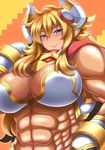  abs blonde_hair blue_eyes blush breasts cleavage female horns kittan_(cve27426) large_breasts looking_at_viewer muscle muscular_female pointy_ears solo 