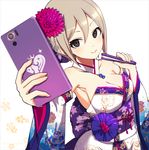  armpits bare_shoulders black_eyes border breasts cellphone cleavage closed_fan closed_mouth collar detached_sleeves eyebrows_visible_through_hair eyelashes fan floral_background floral_print flower folding_fan foreshortening hair_between_eyes hair_flower hair_ornament holding holding_fan holding_phone idolmaster idolmaster_cinderella_girls idolmaster_cinderella_girls_starlight_stage japanese_clothes kimono large_breasts logo nachisuke obi outstretched_arm paper_fan phone rose rose_print sash self_shot shiomi_shuuko short_hair silver_hair smartphone smartphone_case smile solo upper_body white_background white_collar white_kimono 