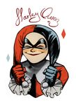  absurdres batman_(series) black_gloves blush character_name closed_eyes dc_comics domino_mask gloves harley_quinn highres mask mismatched_gloves nojuro red_gloves simple_background smile solo upper_body white_background 