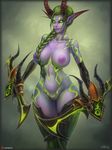  2017 absurd_res big_breasts braided_hair breasts clothing demon demon_hunter digital_media_(artwork) elf female gloves glowing glowing_eyes glowing_tattoos green_eyes green_hair hair hi_res holding_object holding_weapon horn humanoid looking_at_viewer melee_weapon night_elf nipples not_furry nude pointy_ears pussy simple_background solo standing tattoo vempire video_games warcraft weapon 