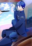  alcohol blue_eyes blue_hair bottle gloves grin hat hat_removed headwear_removed kaito looking_at_viewer male_focus military military_uniform mouth_hold out_of_frame peaked_cap sake sake_bottle senbon-zakura_(vocaloid) sitting smile solo_focus tasuki uniform vocaloid white_gloves wide_sleeves 