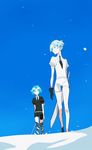  androgynous antarcticite black_gloves black_neckwear black_shorts gem_uniform_(houseki_no_kuni) gloves green_eyes green_hair houseki_no_kuni multiple_others necktie phosphophyllite shirt short_hair short_sleeves shorts snow spoilers sword uniform weapon white_eyes white_hair white_shirt yanzhan 