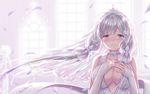  :d azur_lane blue_eyes blurry breasts bridal_veil cleavage collarbone commentary depth_of_field detached_sleeves dress gohei_(aoi_yuugure) hands_on_own_chest highres illustrious_(azur_lane) jewelry large_breasts long_hair looking_at_viewer low_twintails open_mouth petals ring silver_hair smile solo sparkle twintails veil wedding_band wedding_dress white_hair wind 