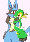 3_fingers absurd_res anthro aoinu blue_fur canine duo fur green_skin hi_res lucario mammal nintendo open_mouth open_smile pink_background pok&eacute;mon pok&eacute;mon_(species) red_eyes romantic_couple simple_background size_difference smile snivy spikes video_games yellow_fur 