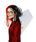  alternate_hairstyle batman_(series) black_hair blue_eyes blush dc_comics harley_quinn highres lipstick long_hair looking_at_viewer makeup multicolored_hair no_pupils nojuro red_hair smile solo two-tone_hair white_background 