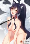  :d absurdres ahri arm_support barefoot black_hair breasts collar facial_mark fangs hair_between_eyes high_ponytail highres large_breasts league_of_legends leash long_hair nipples nude open_mouth paid_reward patreon_reward sitting smile solo tofuubear very_long_hair wariza whisker_markings yellow_eyes 