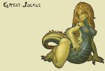  abdominal_bulge anthro belly big_belly blonde_hair breasts capcom female great_jagras hair licking licking_lips looking_at_viewer monster_hunter monster_hunter_world muhut nipples nude post_vore scales solo tongue tongue_out video_games vore yellow_eyes yellow_scales 