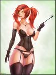  2017 absurd_res armwear blood_elf breasts clothing corset digital_media_(artwork) elf female garter gloves glowing glowing_eyes green_eyes hair hi_res holding_object humanoid jewelry lingerie lipstick looking_at_viewer makeup necklace not_furry pigtails pointy_ears pussy red_hair riding_crop simple_background smile solo underwear vempire video_games warcraft whip 