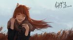  animal_ears blue_sky brown_hair coat commentary day happy_birthday holo long_hair long_sleeves looking_at_viewer noccu one_eye_closed open_mouth red_eyes sky smile solo spice_and_wolf sunlight twitter_username upper_body wheat wheat_field wind wolf_ears wolf_girl 