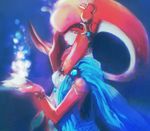  air_bubble blue_robe bracelet bubble closed_mouth crescent crescent_moon_pin hair_ornament jewelry long_hair looking_at_viewer mipha monster_girl red_eyes red_hair red_skin robe submerged tentacle_hair the_legend_of_zelda the_legend_of_zelda:_breath_of_the_wild underwater upper_body yaku_(ziroken) zora 