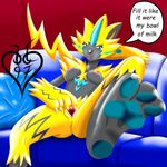  anthro blackwing97 blue_eyes breasts claws dialogue feline female foot_focus fur looking_at_viewer lying mammal nintendo nipples nude paws pok&eacute;mon pussy sofa spoiler tongue video_games yellow_fur zeraora 