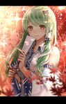  autumn_leaves bangs banned_artist blurry blush brown_eyes closed_mouth depth_of_field detached_sleeves eyebrows_visible_through_hair frog_hair_ornament gohei green_hair hair_ornament hair_tubes highres holding kochiya_sanae leaf letterboxed light_rays long_hair long_sleeves looking_at_viewer maple_leaf sidelocks smile snake_hair_ornament solo sunbeam sunlight touhou tsukiriran upper_body wide_sleeves 