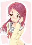  blush brown_eyes long_hair love_live!_sunshine!! maroon_hair sakurauchi_riko seifuku skirt smile 