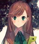 bangs blush bow brown_hair cellphone commentary_request green_bow green_eyes hair_down holding holding_phone long_hair looking_at_viewer nanase_(under_night_in-birth) phone school_uniform smartphone solo suzunashi sweater_vest swept_bangs tree under_night_in-birth upper_body wing_collar 