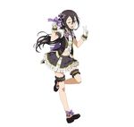  ;d androgynous ankle_bow ankle_ribbon black_eyes black_footwear black_hair bow bowtie crossdressing floating_hair frilled_gloves frills full_body gloves hair_between_eyes hair_bow holding holding_microphone idol kirito kirito_(sao-ggo) layered_skirt leg_up long_hair looking_at_viewer male_focus microphone midriff miniskirt navel official_art one_eye_closed open_mouth otoko_no_ko purple_bow purple_neckwear ribbon short_sleeves simple_background skirt smile solo standing standing_on_one_leg stomach sword_art_online sword_art_online:_code_register thigh_strap v very_long_hair white_background white_gloves 