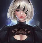  bangs blindfold blue_eyes breasts cleavage_cutout headband highres looking_at_viewer md5_mismatch medium_breasts mole mole_under_mouth nier_(series) nier_automata one_eye_covered parted_lips qianyu_mo short_hair silver_hair solo upper_body yorha_no._2_type_b 