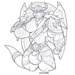  anthro armor balls big_bulge bulge clothed clothing dragon horn looking_at_viewer male melee_weapon muscular muscular_male penis solo sword sxf-pantera weapon wings 